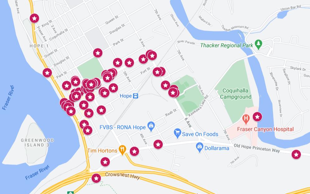 Chainsaw Carving map, Hope BC Google map with dropped pins showing the location of 62 chainsaw carvings around the town of Hope, BC