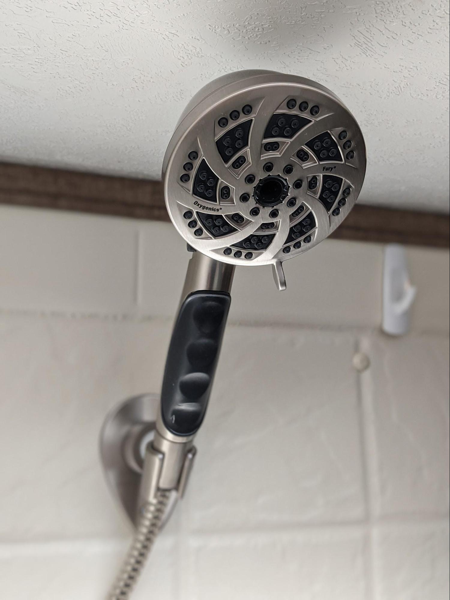Oxygenics Fury RV shower head with brushed nickel finish