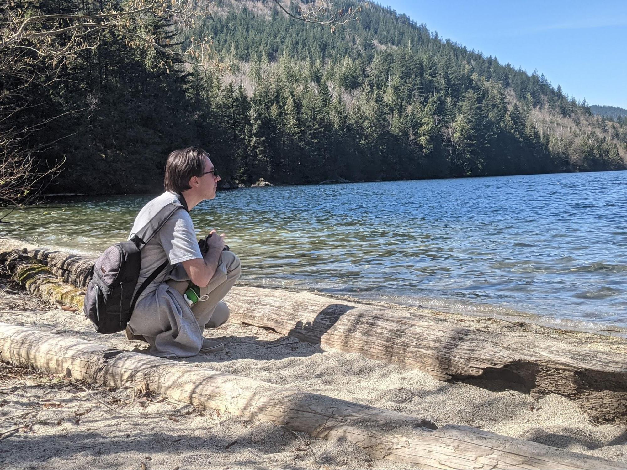 Hicks Lake south beach Jay sitting on the small beach at the south end of Hicks Lake in Sasquatch Provincial Park, BC, Canada