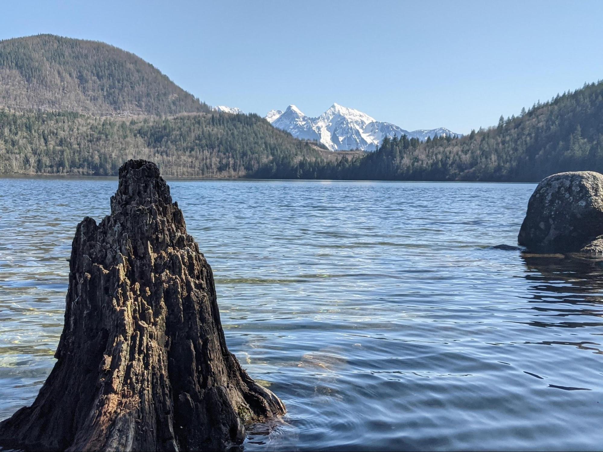 Mountain View View of Mount Cheam in the distance from across Hicks Lake in Sasquatch Provincial Park, BC, Canada.