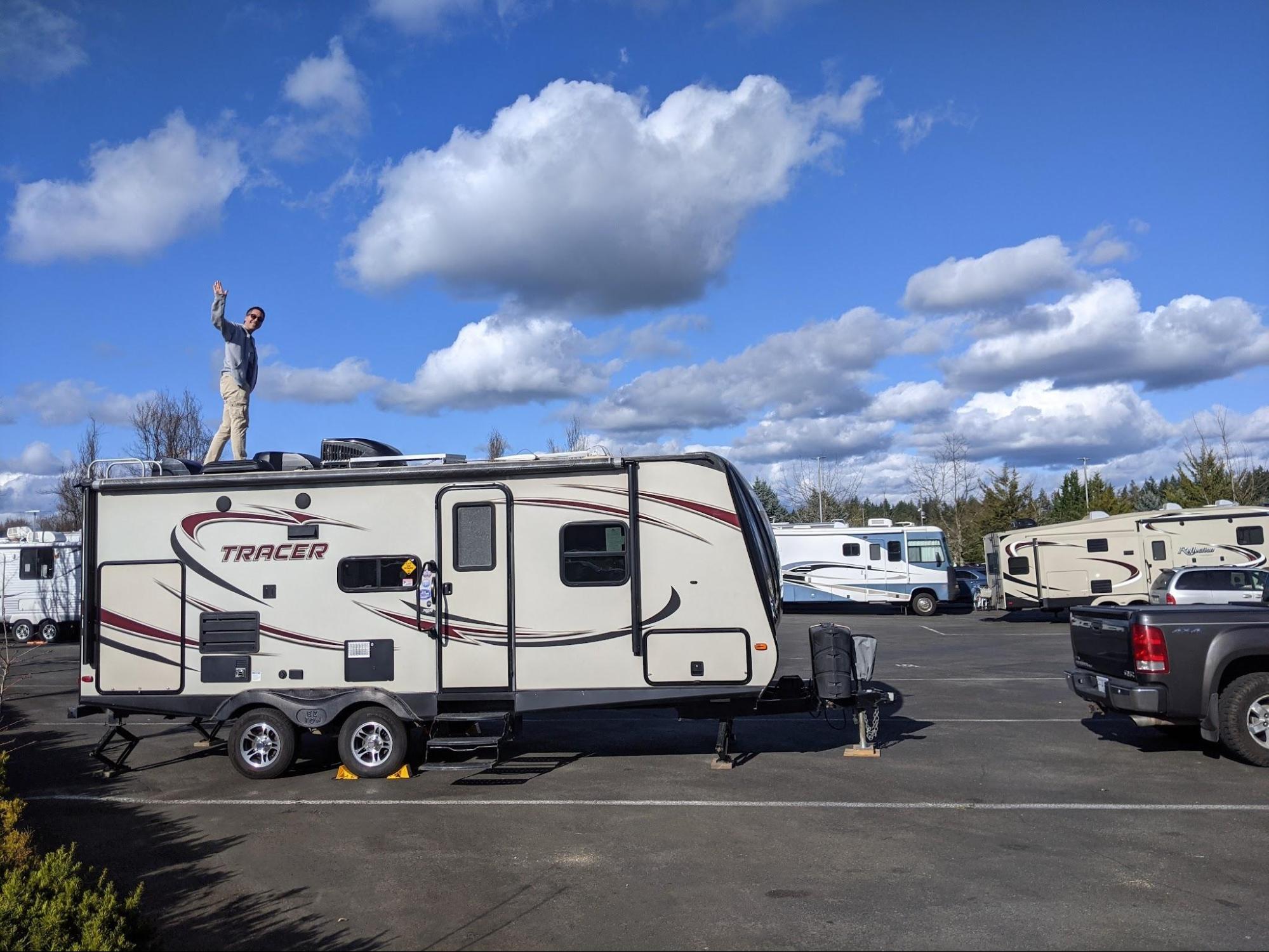 Casino Camping Jay getting a birds-eye view of all the other RVs at the Tulalip Casino RV parking where we stayed the last night of our 97-day roadtrip.