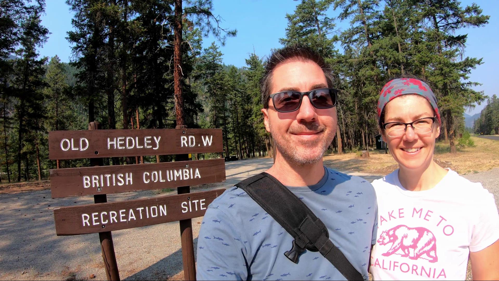 Old Hedley West Recreation Site, British Columbia Mel & Jay at the sign for Old Hedley West Recreation Site near Princeton, BC.