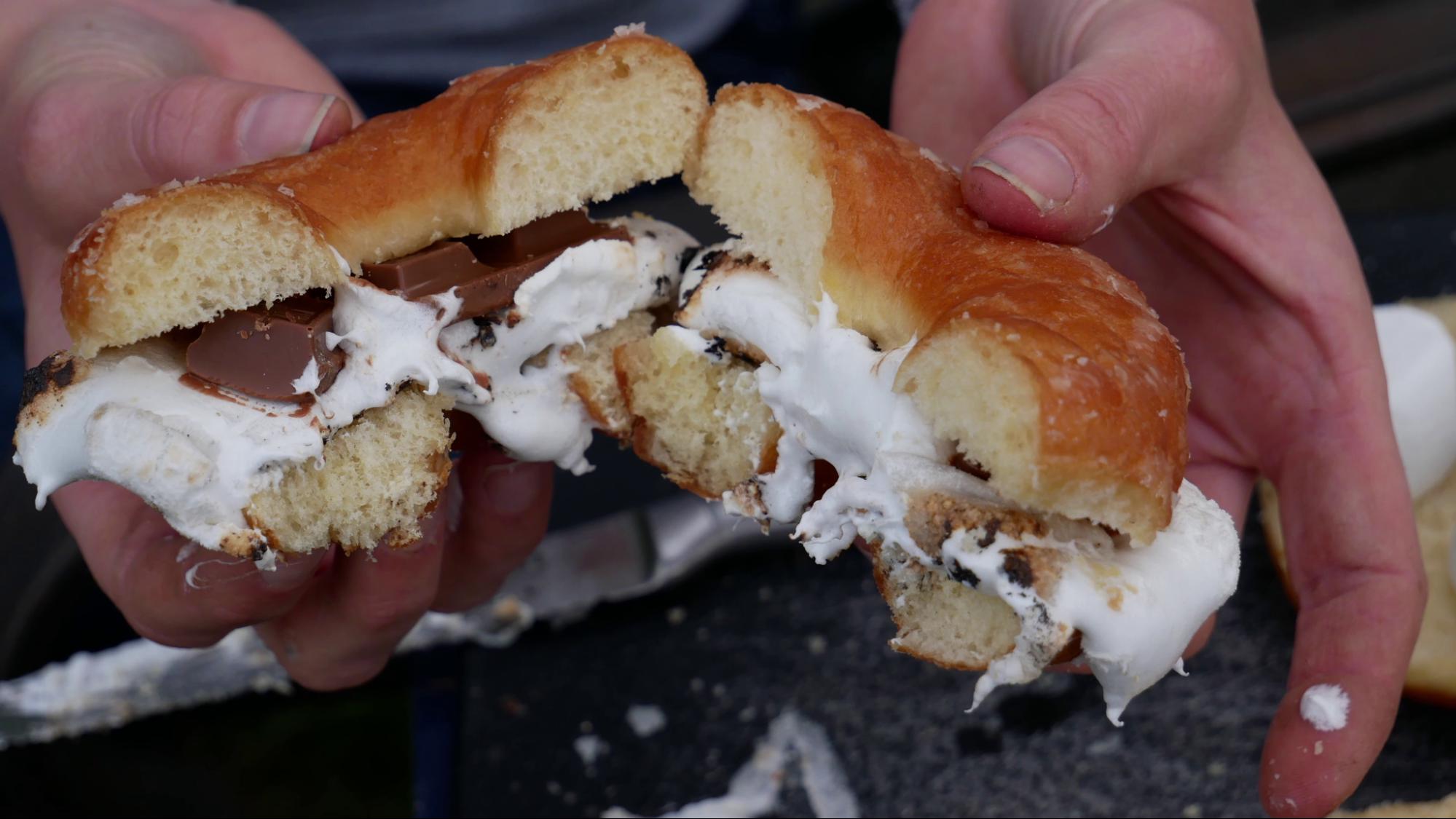 Donut S'more A s'more made with a glazed donut from The Rolling Pin Bakery in Hope, BC
