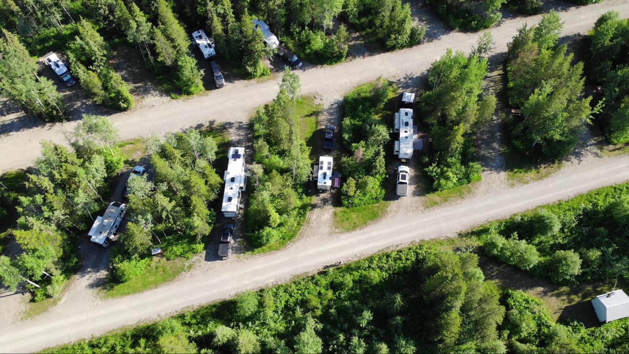 MamaYeh RV Park, BC, Canada Aerial photo of the large pull-through campsites at MamaYeh RV Park in Prince George, BC, Canada