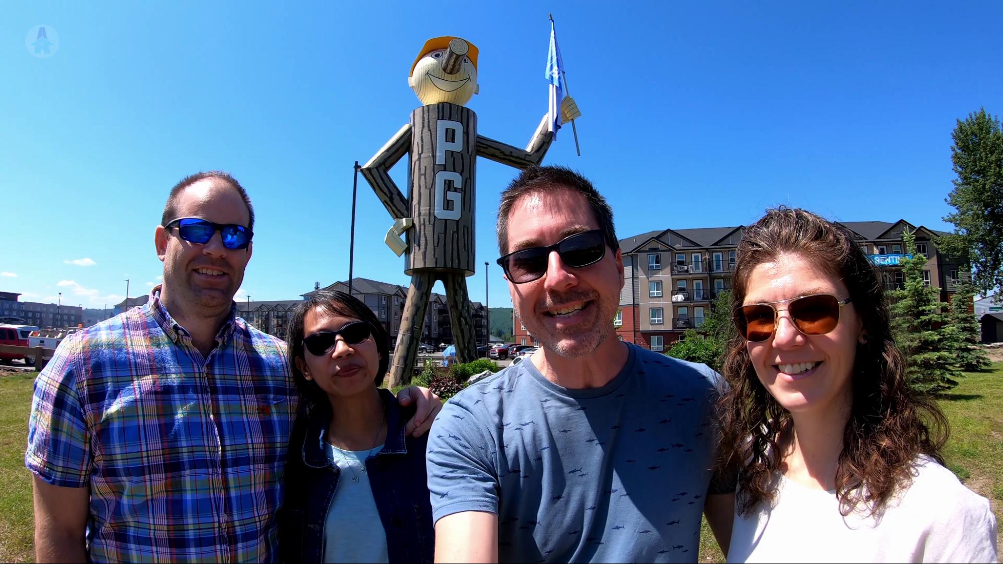 Mr.PG state visiting with friends in Prince George and making a stop at the Mr.PG statue