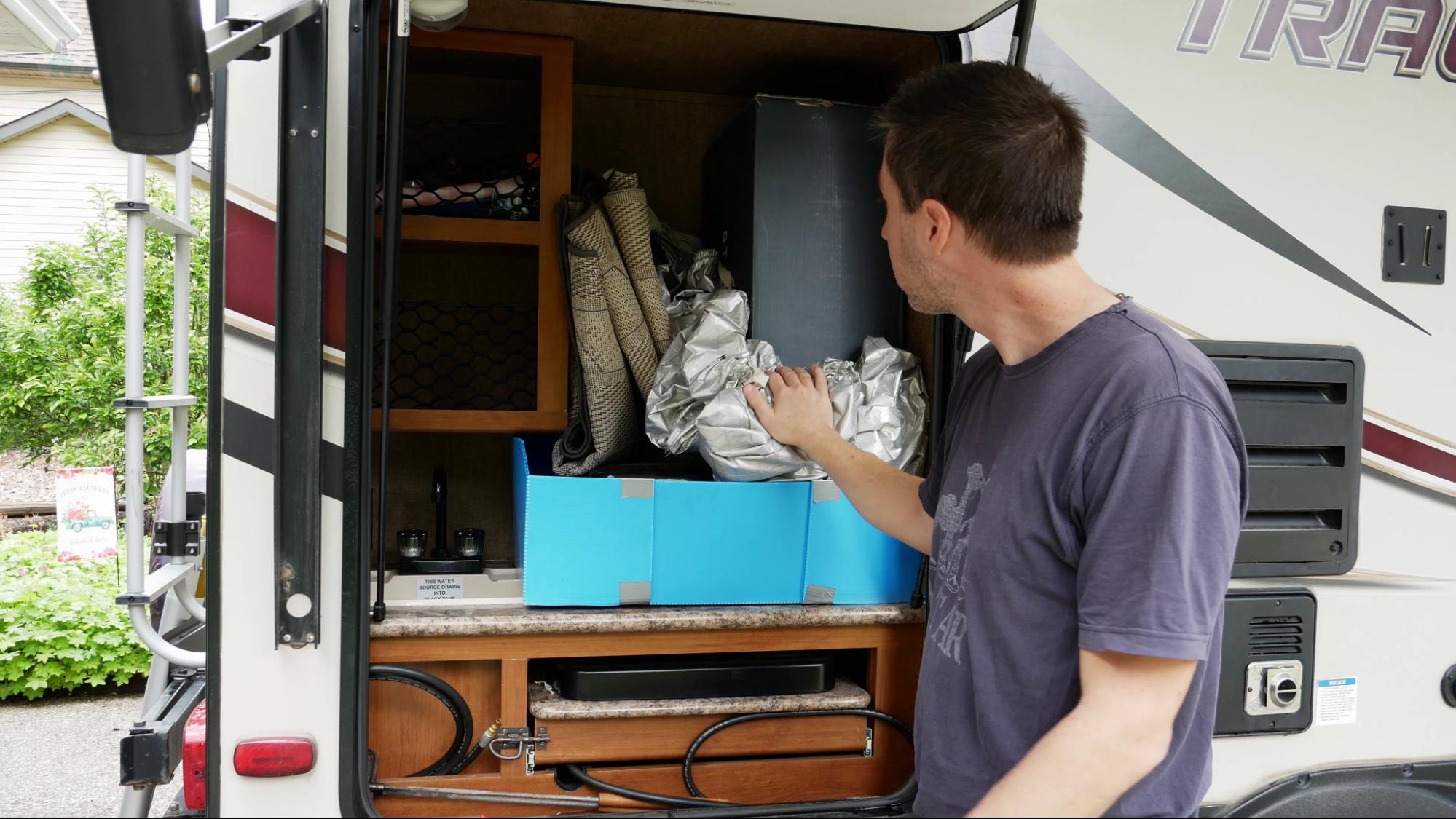 Packing our Starlink Jay packs out Starlink in the original box and stores it in the outdoor kitchen of our RV.